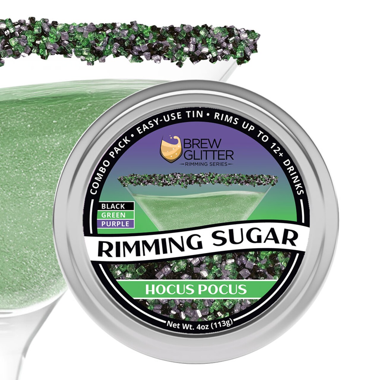 Brew Glitter - Hocus Pocus Rimming Sugar (4oz, 1x Bar Tin) Cocktail Garnish for Mixed Drinks & Refreshments